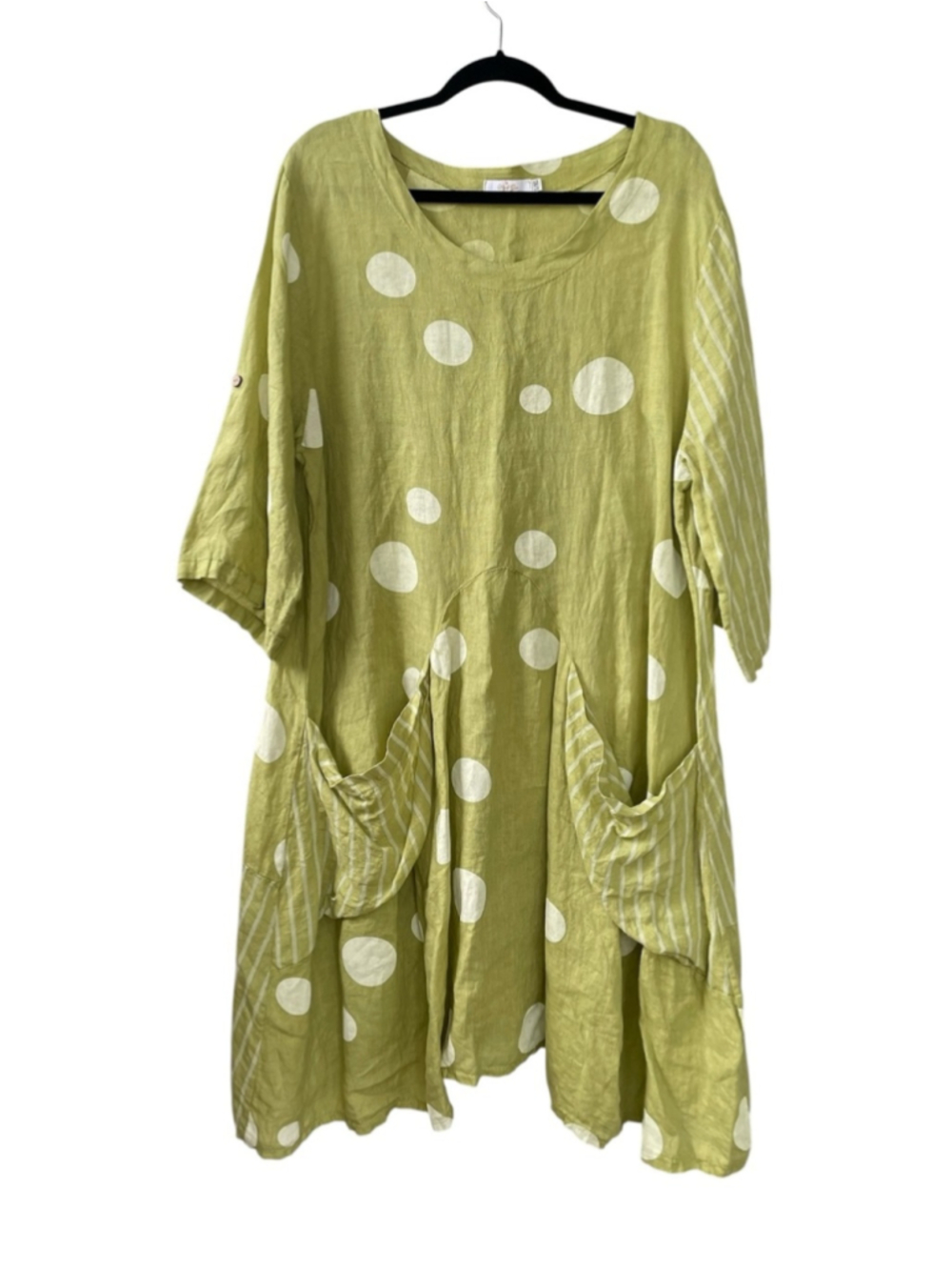 ME & GEE Italy Linen Lagenlook Oversized Green Polka Dot Midi Dress L/XL
